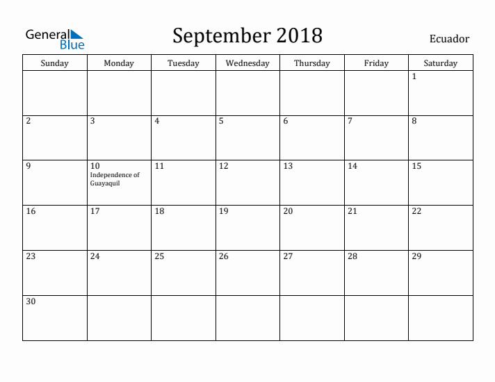 September 2018 Calendar Ecuador