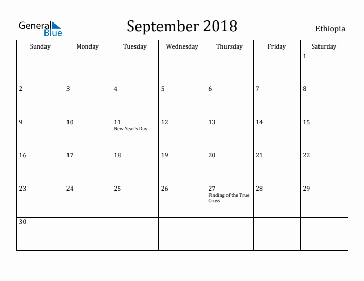 September 2018 Calendar Ethiopia