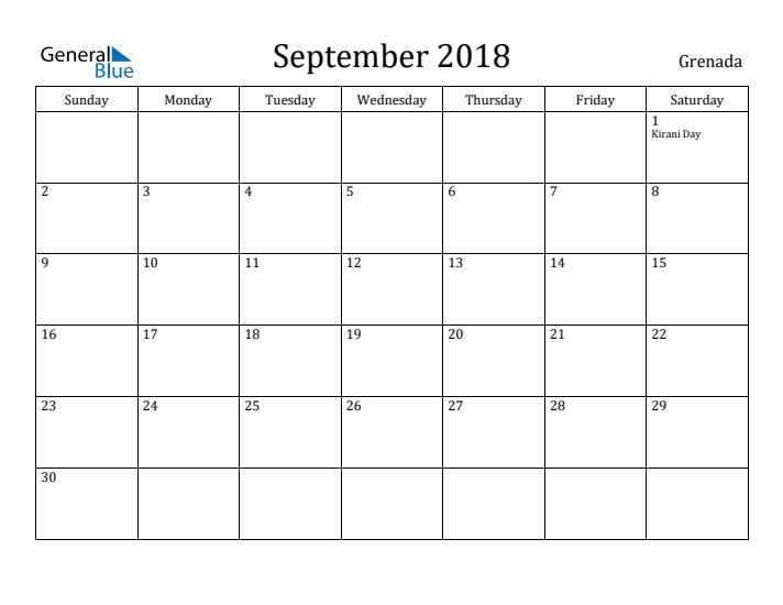 September 2018 Calendar Grenada