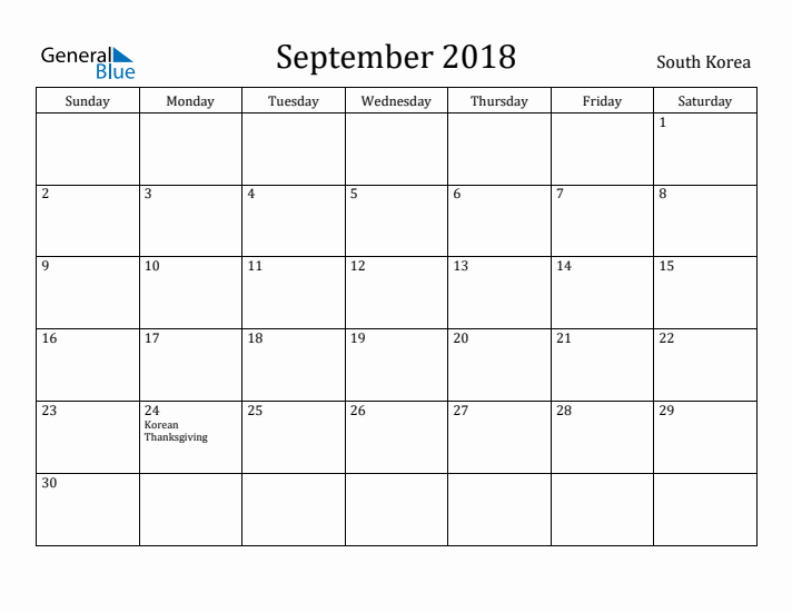 September 2018 Calendar South Korea