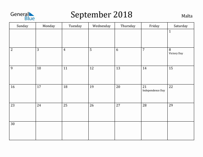 September 2018 Calendar Malta