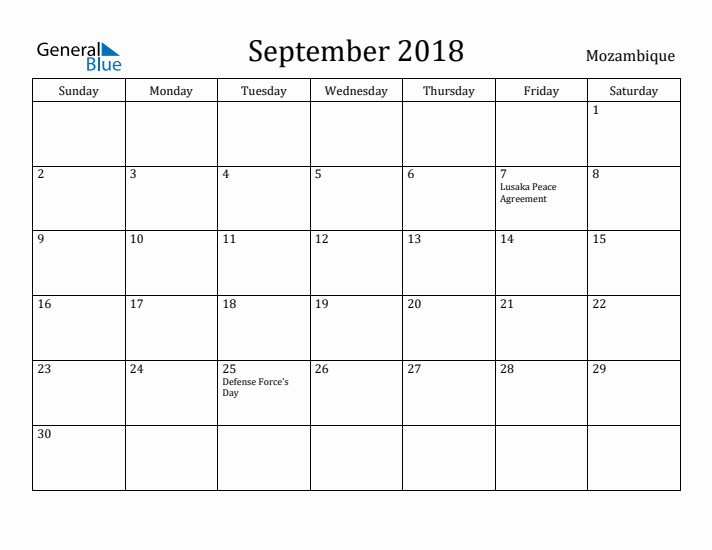 September 2018 Calendar Mozambique