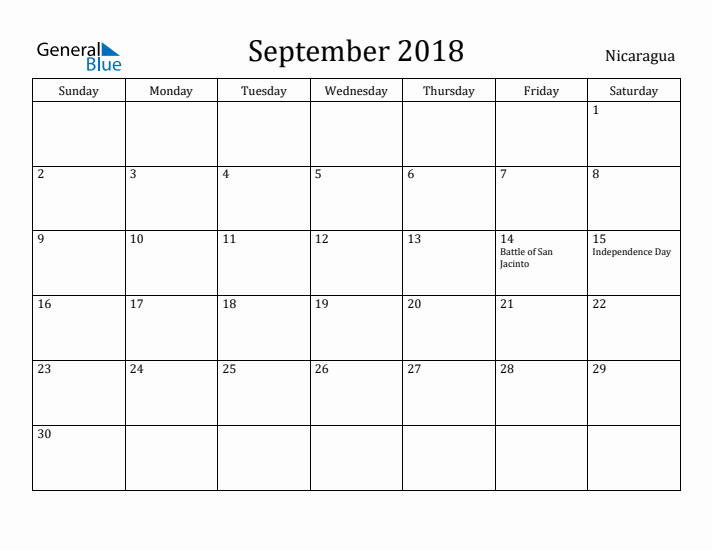 September 2018 Calendar Nicaragua