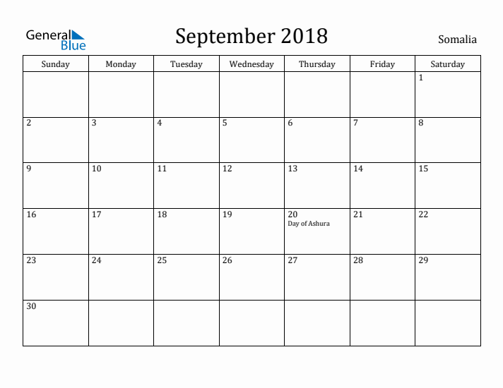 September 2018 Calendar Somalia