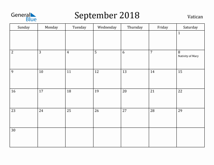 September 2018 Calendar Vatican