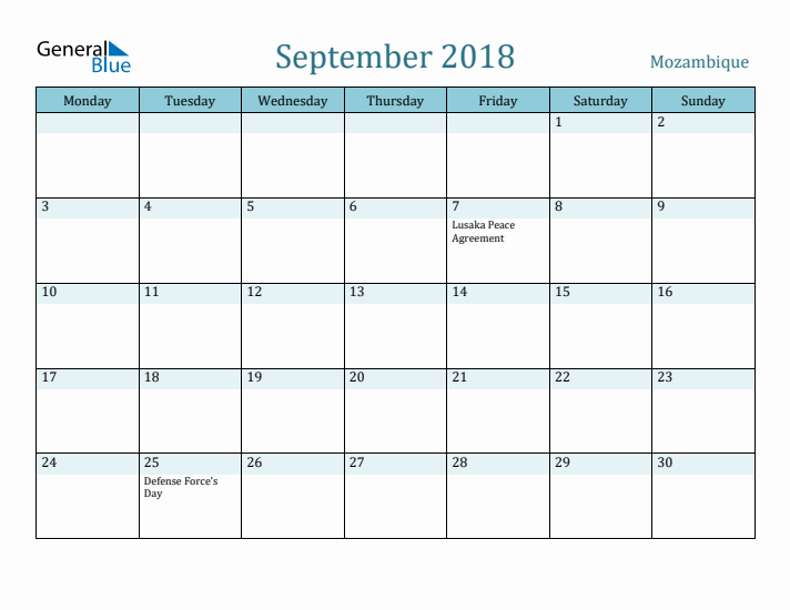 September 2018 Calendar with Holidays