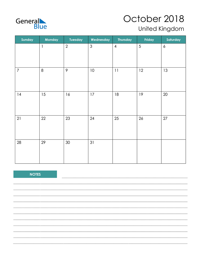 Calendar with Notes Printable