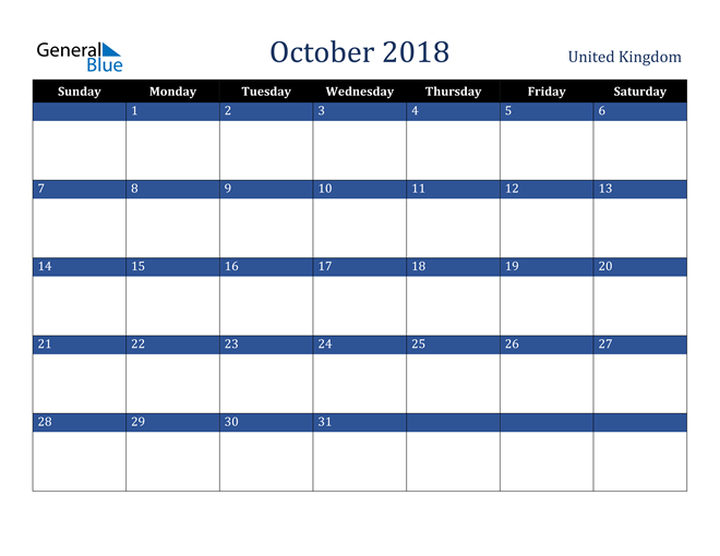 October 2018 United Kingdom Calendar