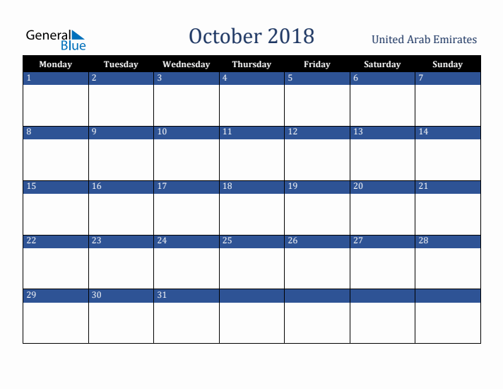 October 2018 United Arab Emirates Calendar (Monday Start)