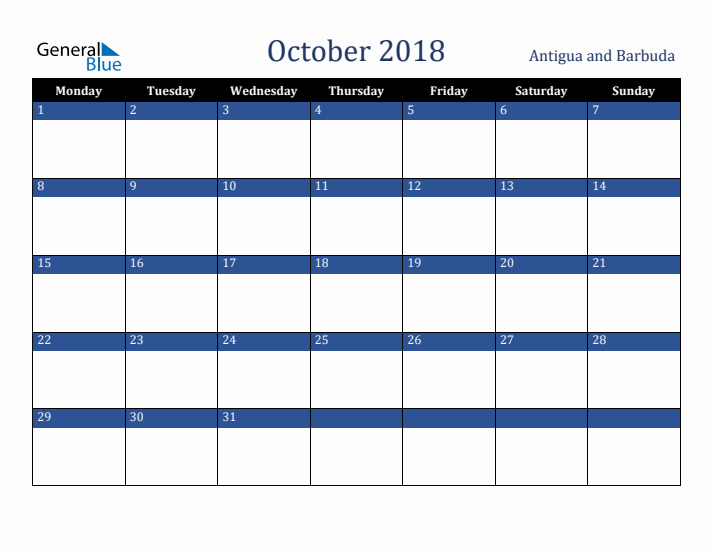 October 2018 Antigua and Barbuda Calendar (Monday Start)
