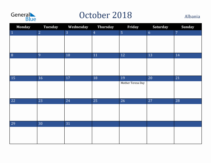 October 2018 Albania Calendar (Monday Start)