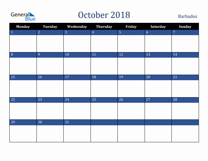 October 2018 Barbados Calendar (Monday Start)