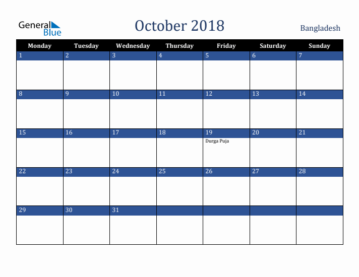 October 2018 Bangladesh Calendar (Monday Start)