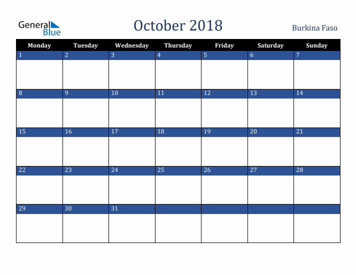 October 2018 Burkina Faso Calendar (Monday Start)