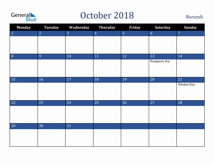 October 2018 Burundi Calendar (Monday Start)