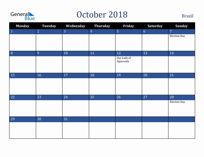 October 2018 Brazil Calendar (Monday Start)