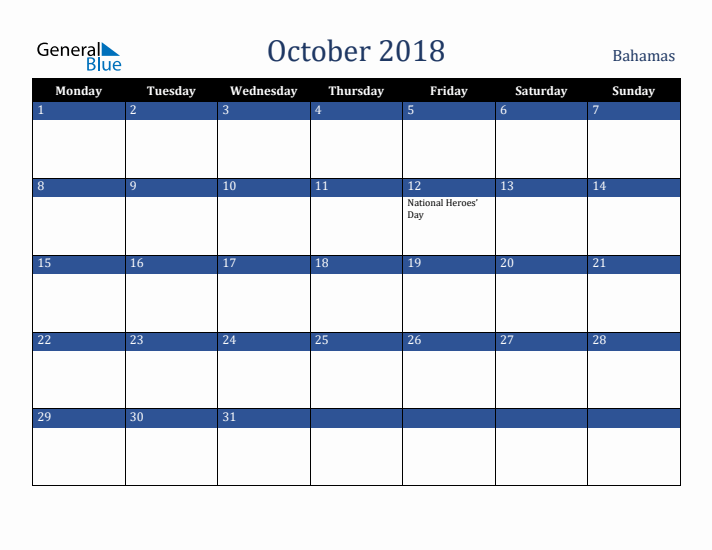 October 2018 Bahamas Calendar (Monday Start)