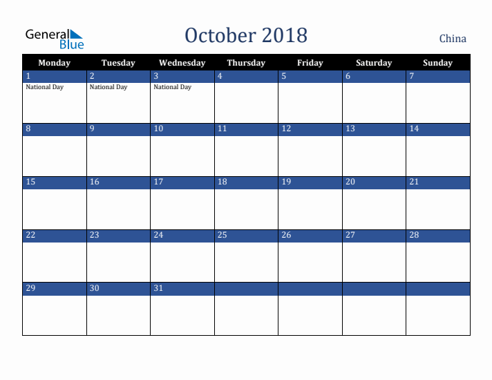October 2018 China Calendar (Monday Start)