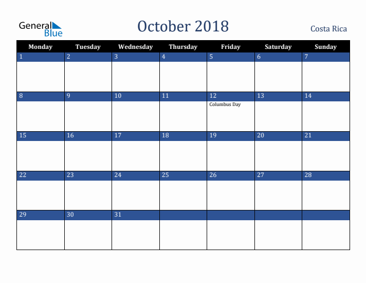 October 2018 Costa Rica Calendar (Monday Start)