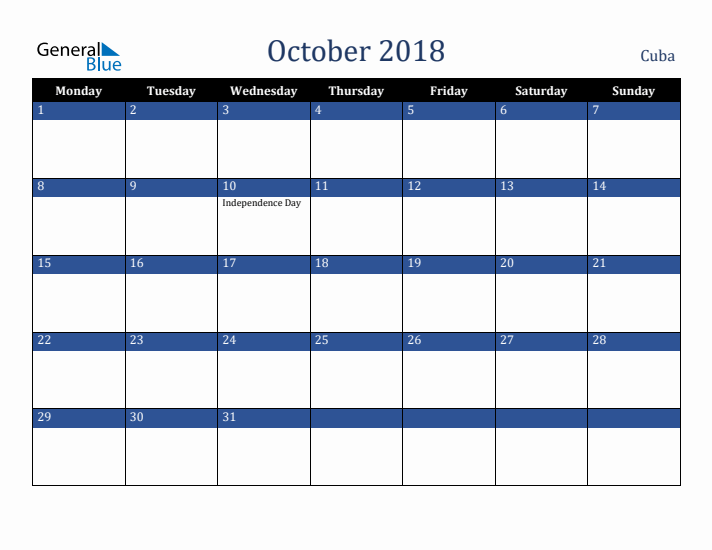 October 2018 Cuba Calendar (Monday Start)