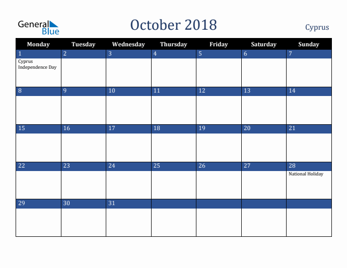October 2018 Cyprus Calendar (Monday Start)