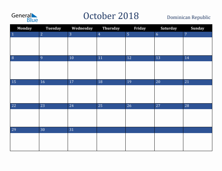 October 2018 Dominican Republic Calendar (Monday Start)