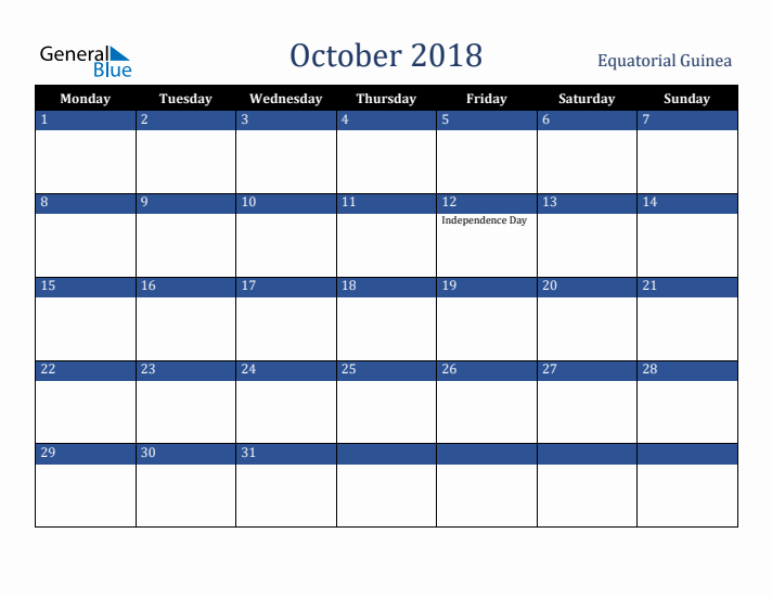 October 2018 Equatorial Guinea Calendar (Monday Start)