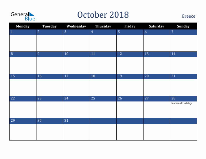 October 2018 Greece Calendar (Monday Start)