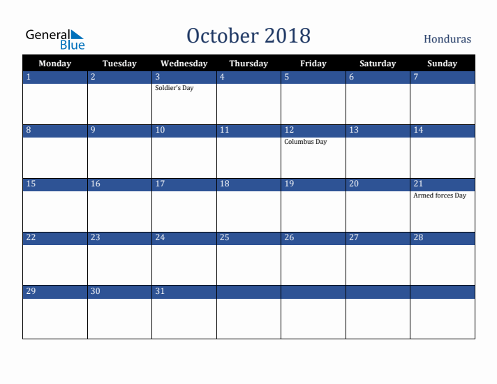 October 2018 Honduras Calendar (Monday Start)