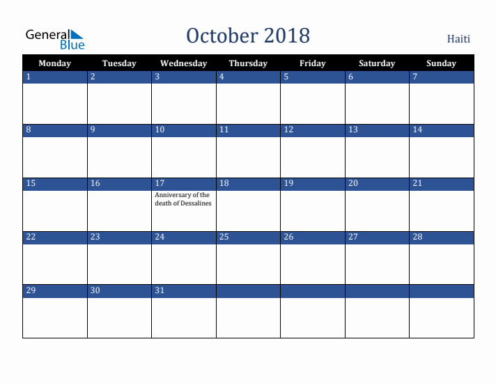 October 2018 Haiti Calendar (Monday Start)