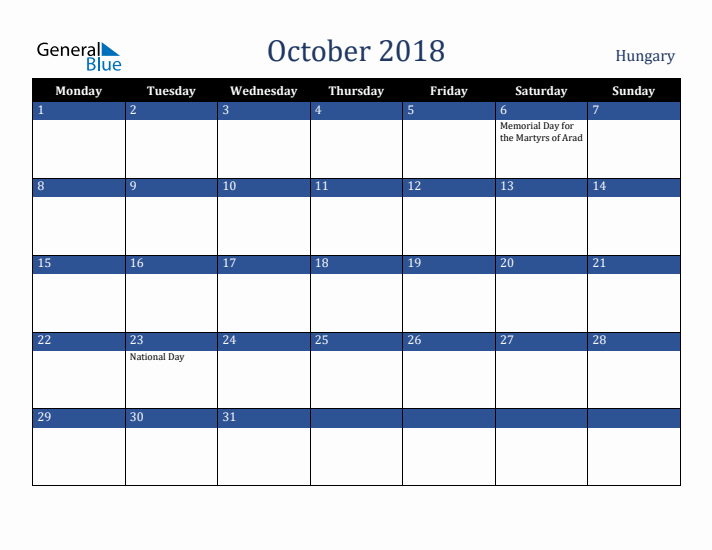 October 2018 Hungary Calendar (Monday Start)
