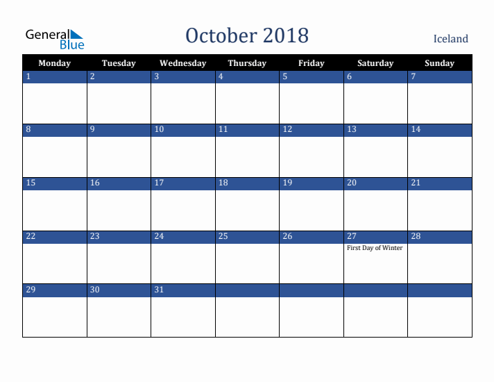 October 2018 Iceland Calendar (Monday Start)