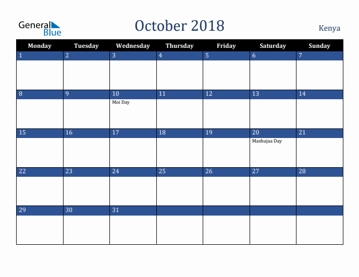 October 2018 Kenya Calendar (Monday Start)