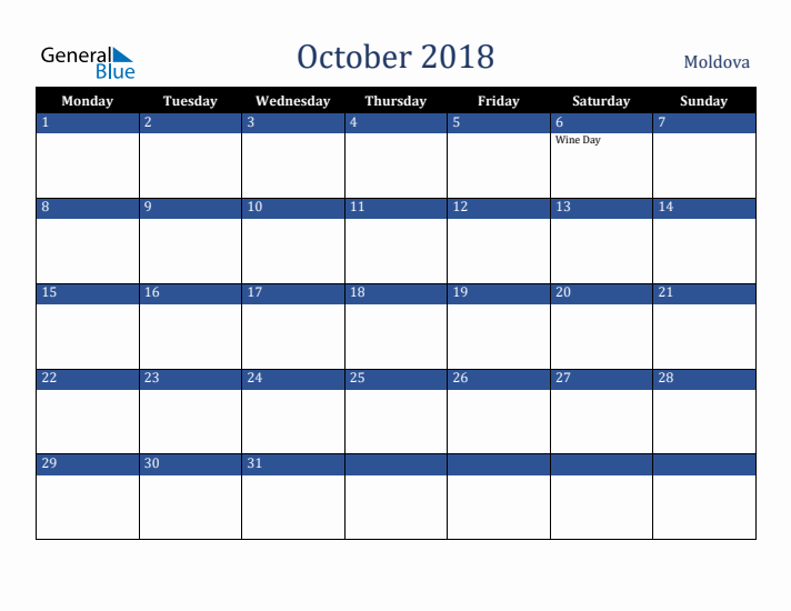 October 2018 Moldova Calendar (Monday Start)
