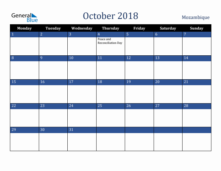 October 2018 Mozambique Calendar (Monday Start)
