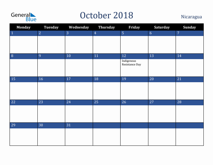 October 2018 Nicaragua Calendar (Monday Start)