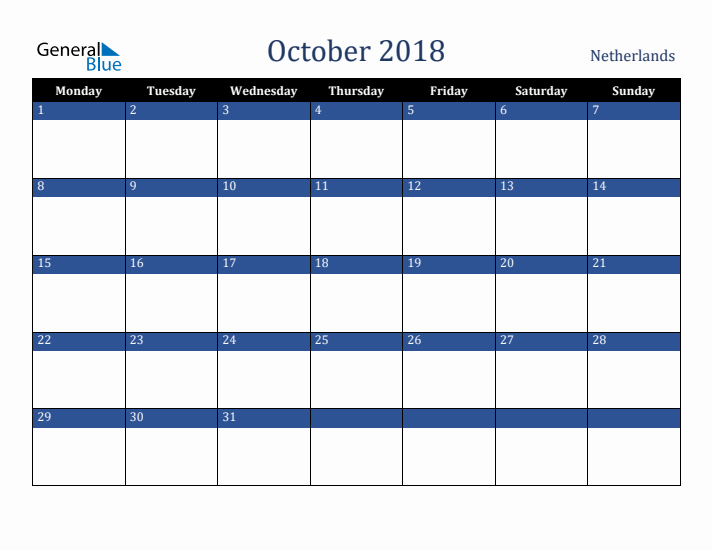 October 2018 The Netherlands Calendar (Monday Start)