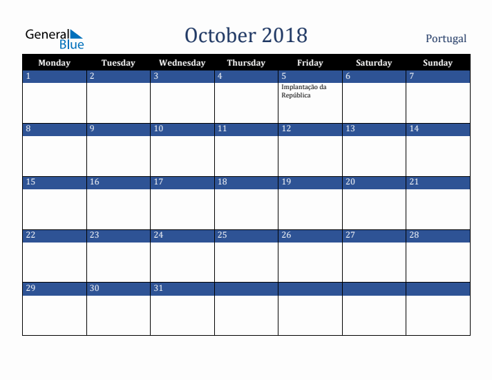 October 2018 Portugal Calendar (Monday Start)
