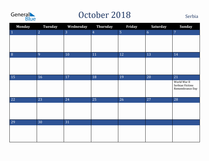 October 2018 Serbia Calendar (Monday Start)
