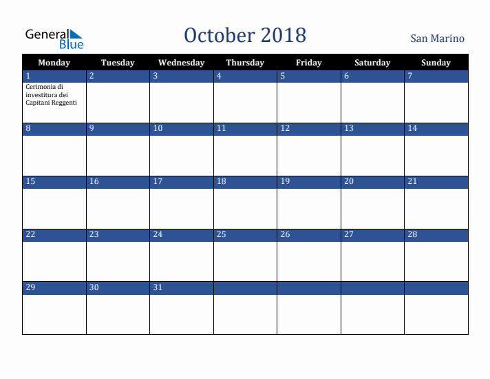 October 2018 San Marino Calendar (Monday Start)