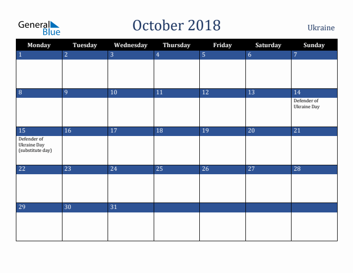 October 2018 Ukraine Calendar (Monday Start)