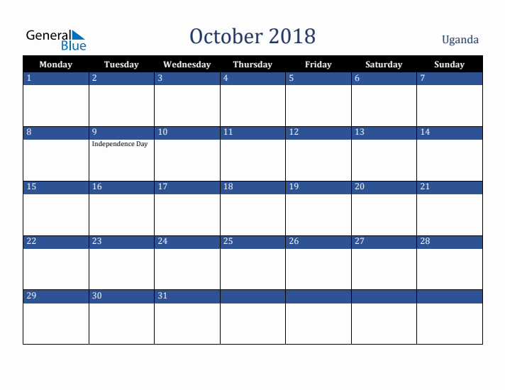 October 2018 Uganda Calendar (Monday Start)