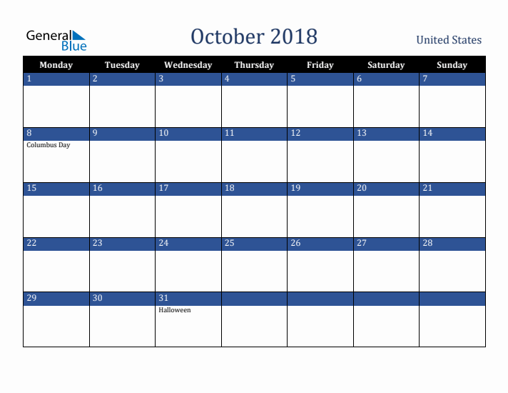 October 2018 United States Calendar (Monday Start)