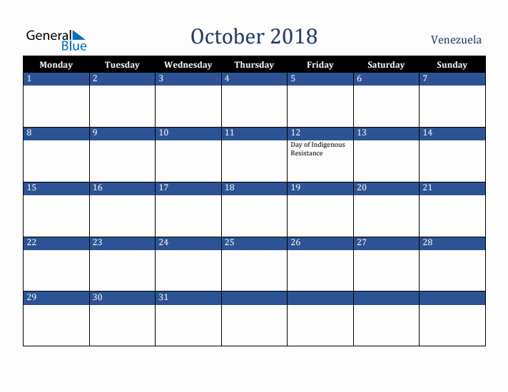 October 2018 Venezuela Calendar (Monday Start)