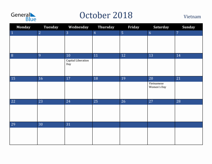 October 2018 Vietnam Calendar (Monday Start)