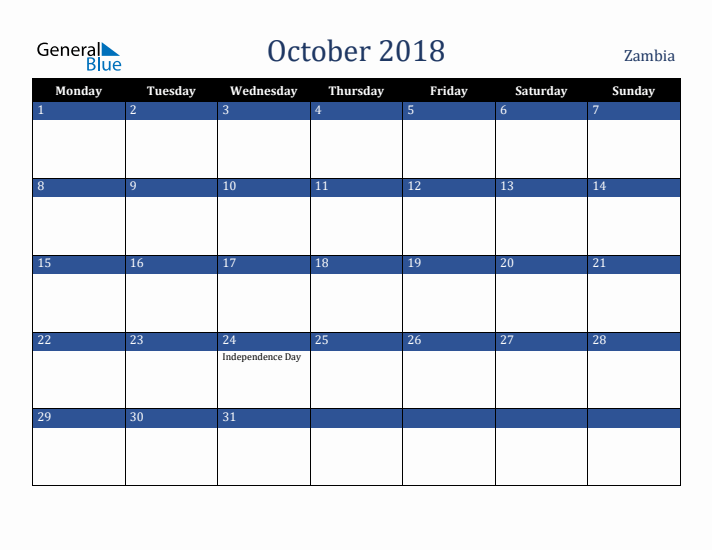 October 2018 Zambia Calendar (Monday Start)