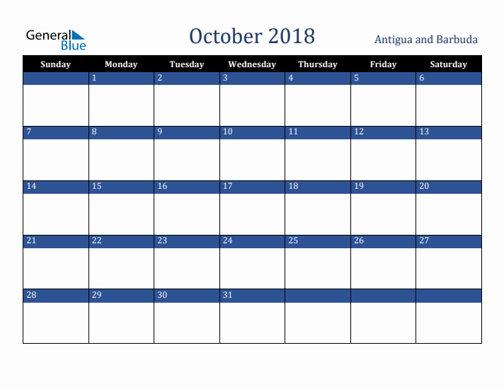 October 2018 Antigua and Barbuda Calendar (Sunday Start)