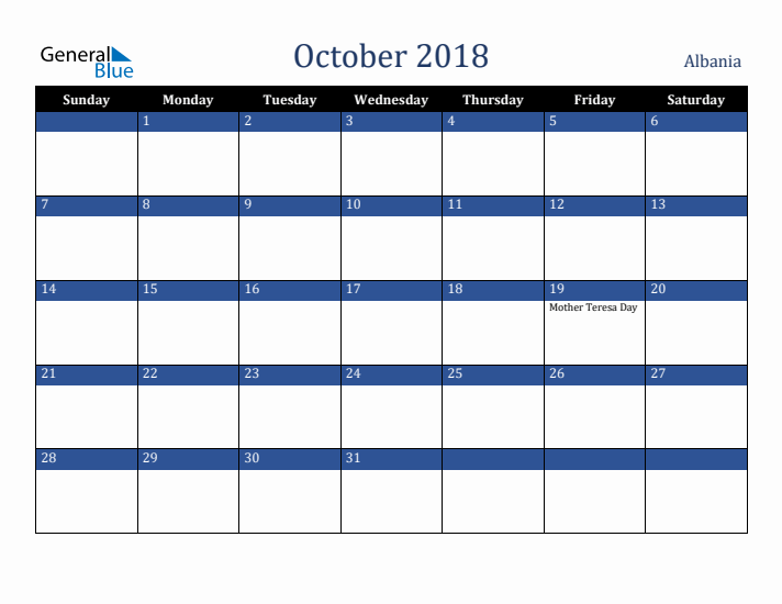 October 2018 Albania Calendar (Sunday Start)