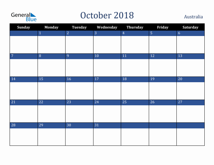 October 2018 Australia Calendar (Sunday Start)