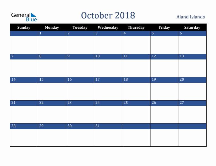 October 2018 Aland Islands Calendar (Sunday Start)